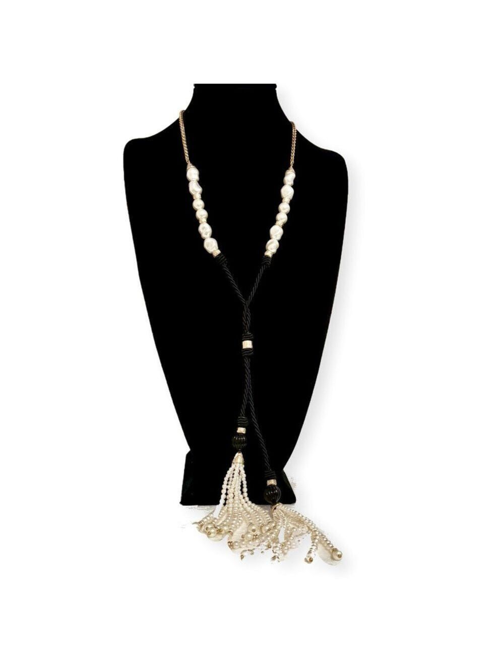 Chico's Black Cord Pearl Tassel Y Necklace NWT